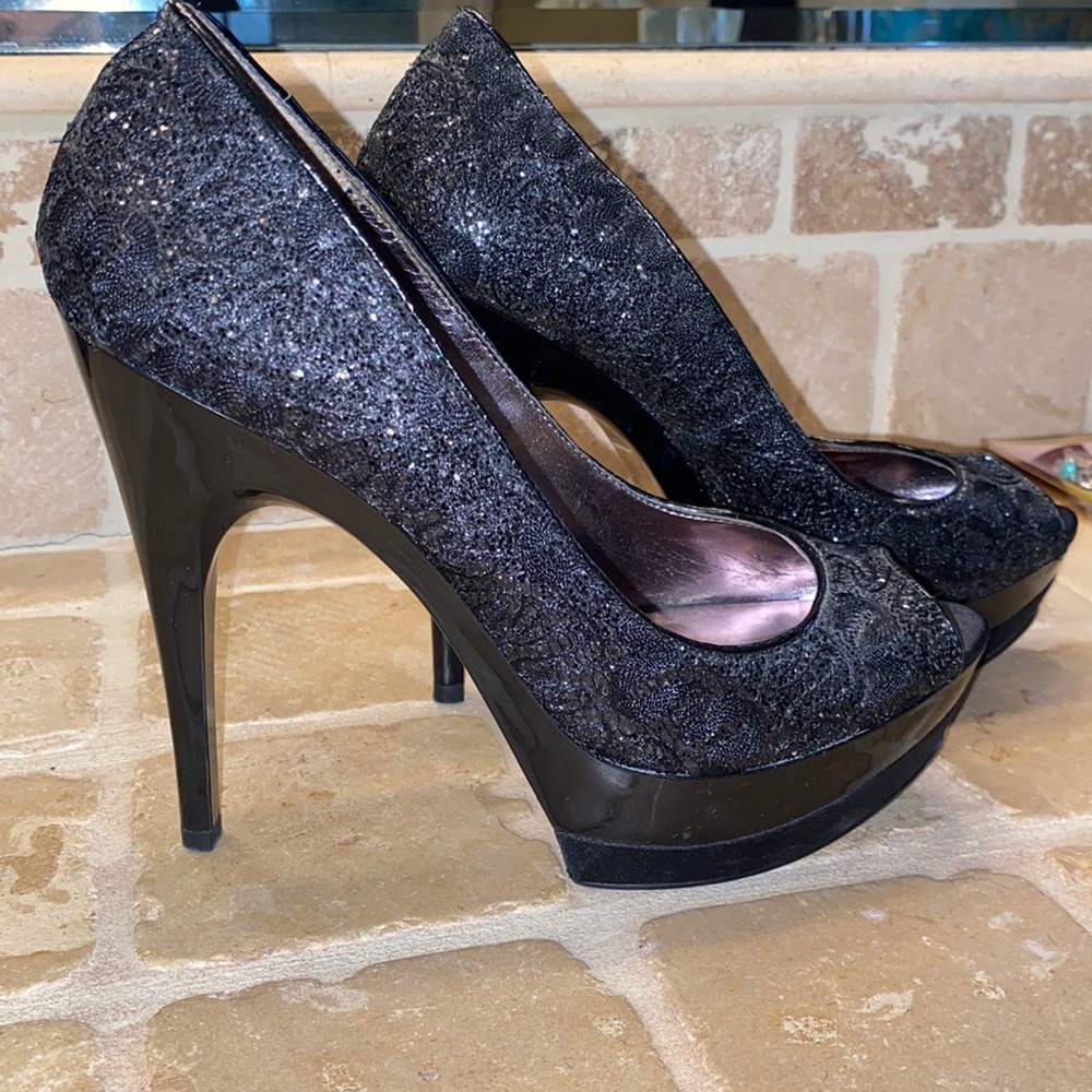 Black sparkle platform stilettos